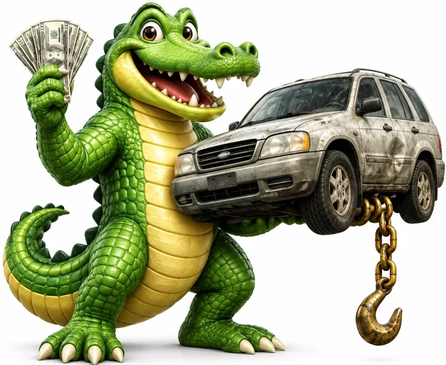 Junk car pickup in South Florida: The Cash Gator holding cash next to a car